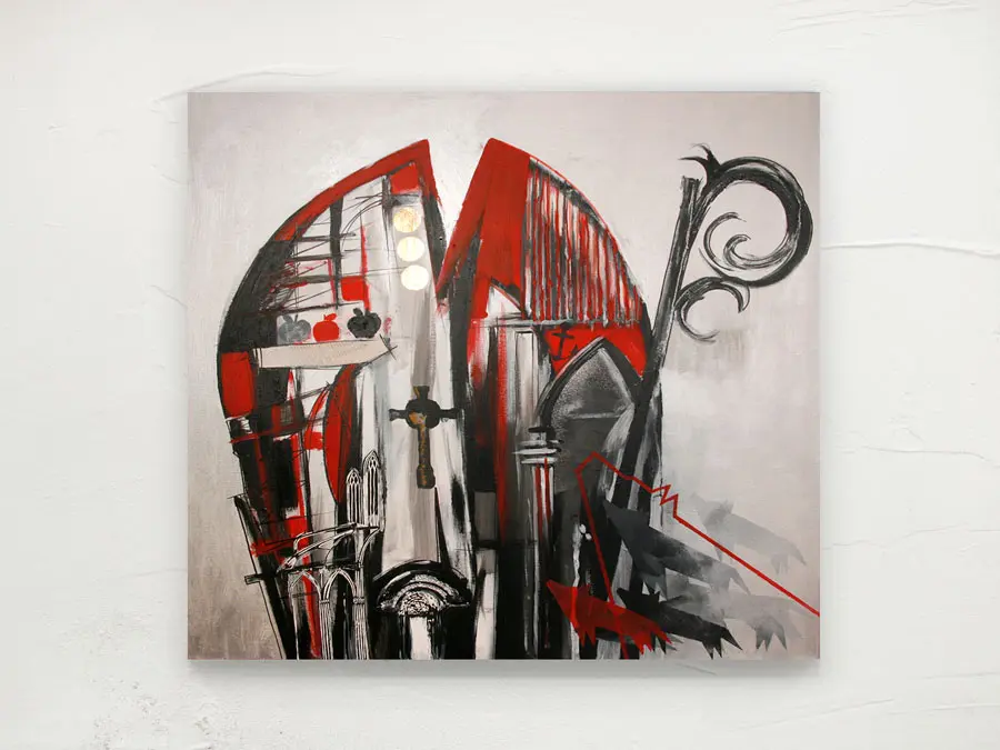 Obraz Św. Mikołaj i wilki Bogny Bogusławy Chmielewskiej, kolaż akrylowy na płótnie, 100 × 110 cm