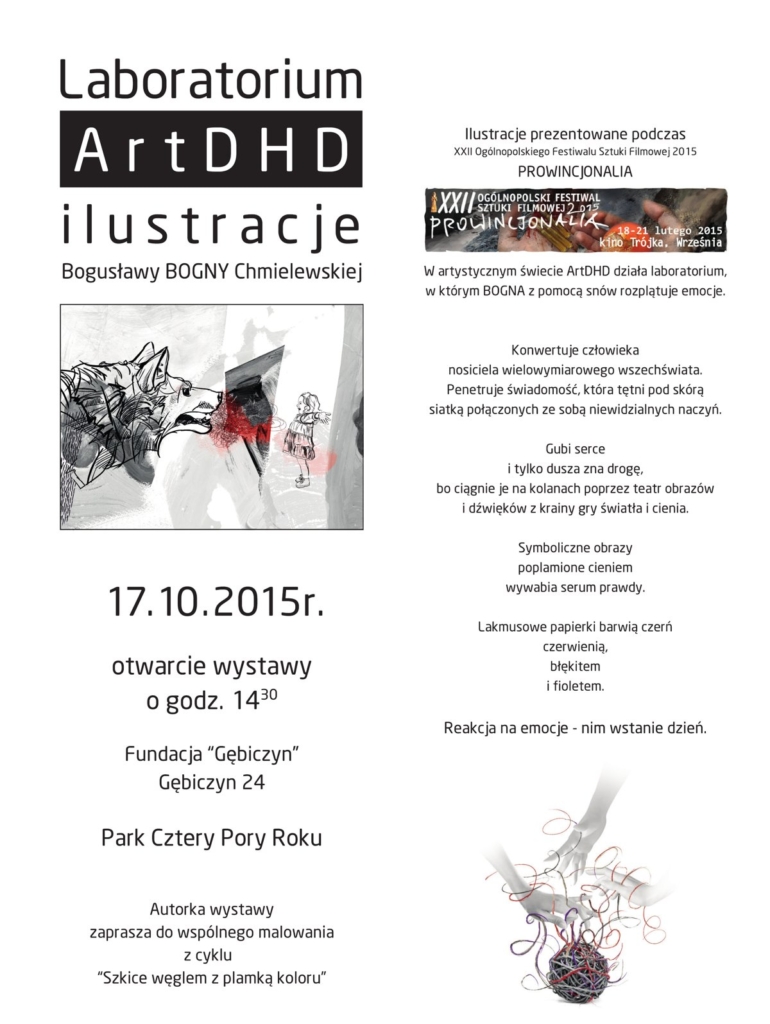 Plakat wystawy Laboratorium ArtDHD, Gębiczyn 17.10.2015