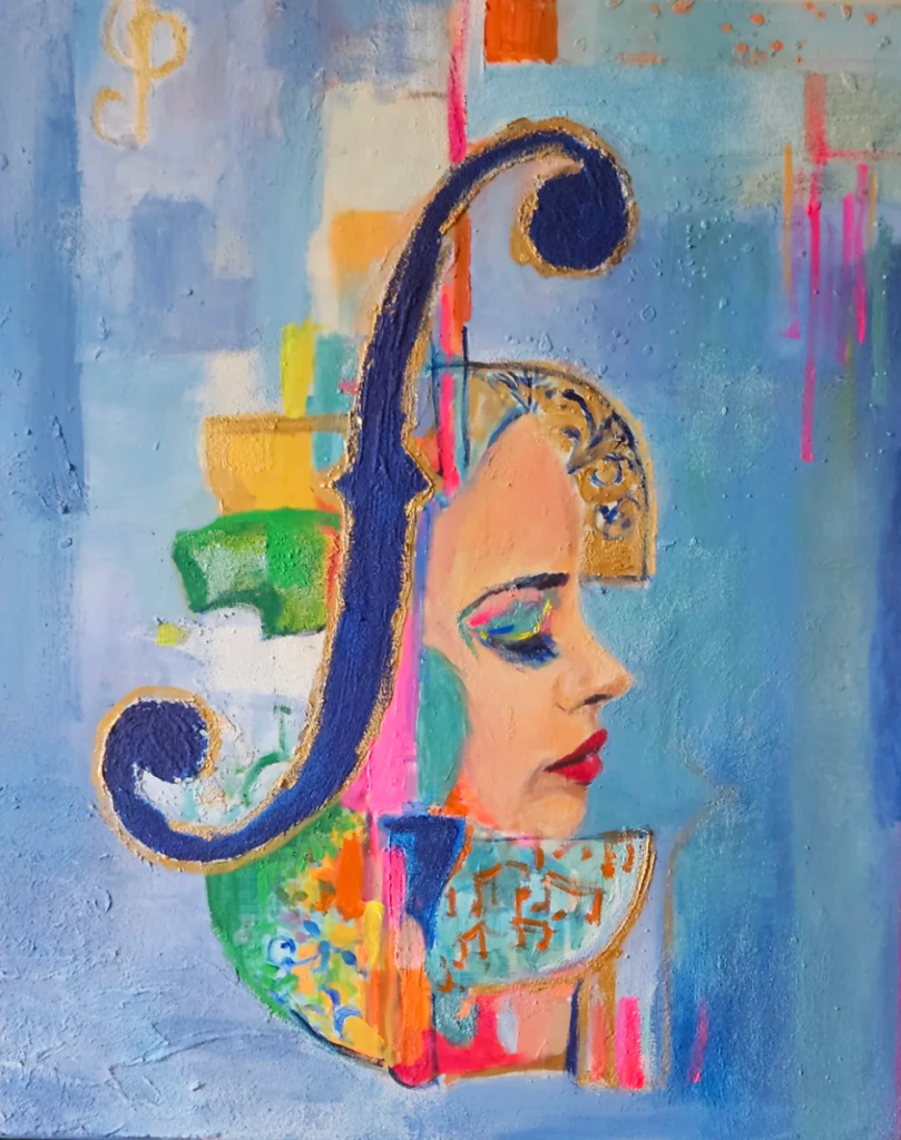 Szczelina VII - profil kobiecy z ochrowym akcentem na jasnym tle, ornamentami i dużym "f" muzycznym, akryl i masa strukturalna na płótnie, 100 × 80 cm, Bogusława Chmielewska