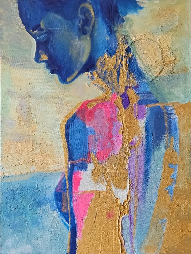Szczelina VIII - postać w błękicie i różu, akryl i masa strukturalna na płótnie, 80 × 60 cm, Bogusława Chmielewska