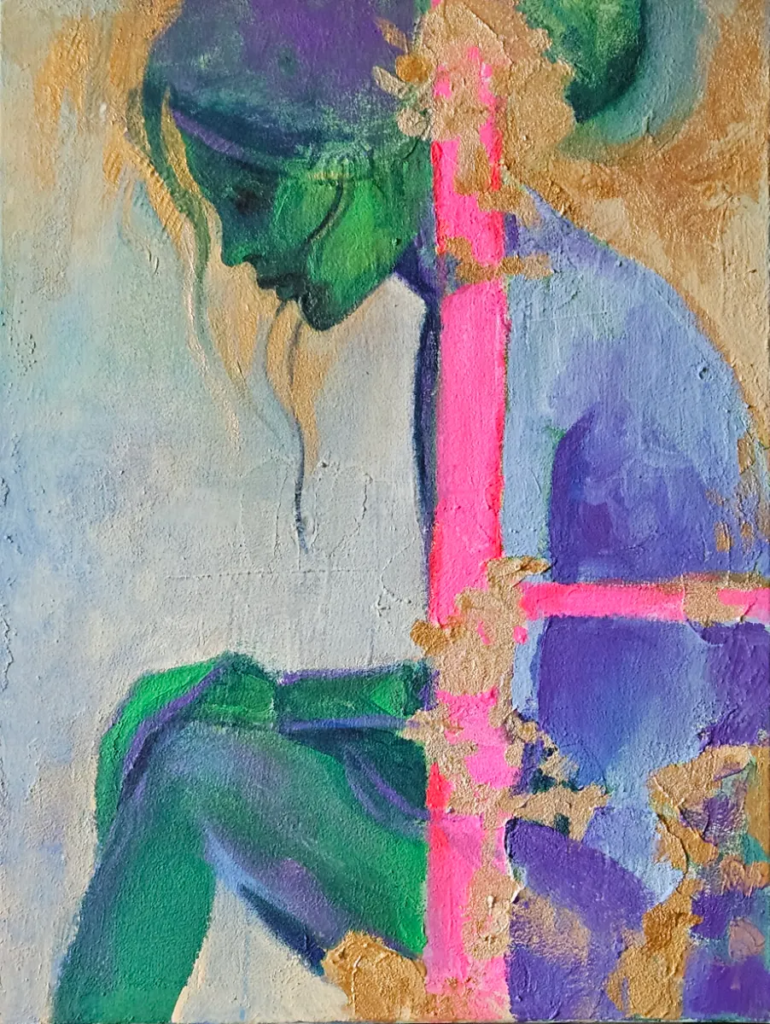 Szczelina IX - postać w chłodnym błękicie i zieleni z różowym akcentem, akryl i masa strukturalna na płótnie, 80 × 60 cm, Bogusława Chmielewska