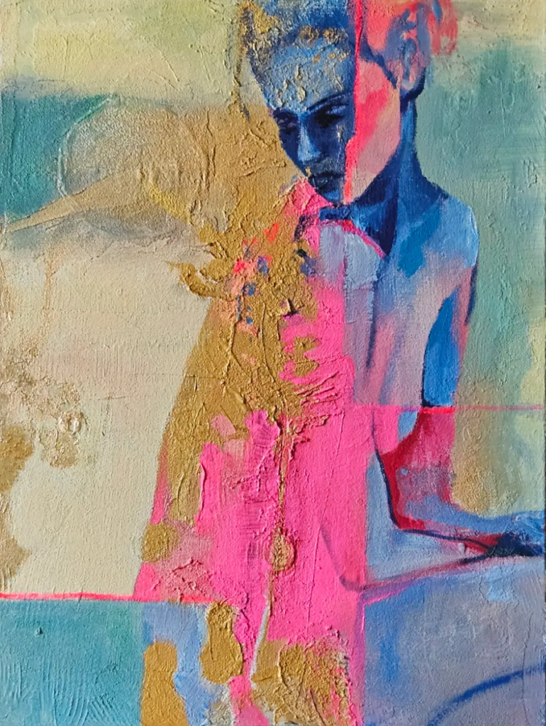 Szczelina X - postać kobiety w różu i błękicie, akryl i masa strukturalna na płótnie, 80 × 60 cm, Bogusława Chmielewska