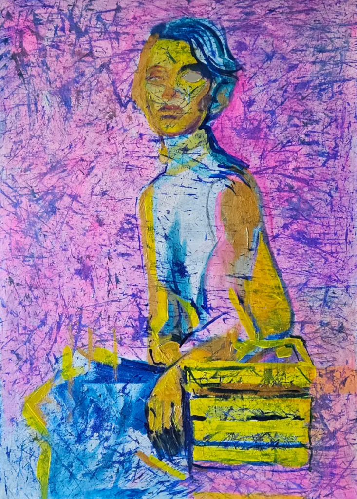 Szczelina XI - postać na tle fragmentów pisma, róż i żółć, akryl na płótnie, z lustrem (oko) 100 × 70 cm, Bogusława Chmielewska