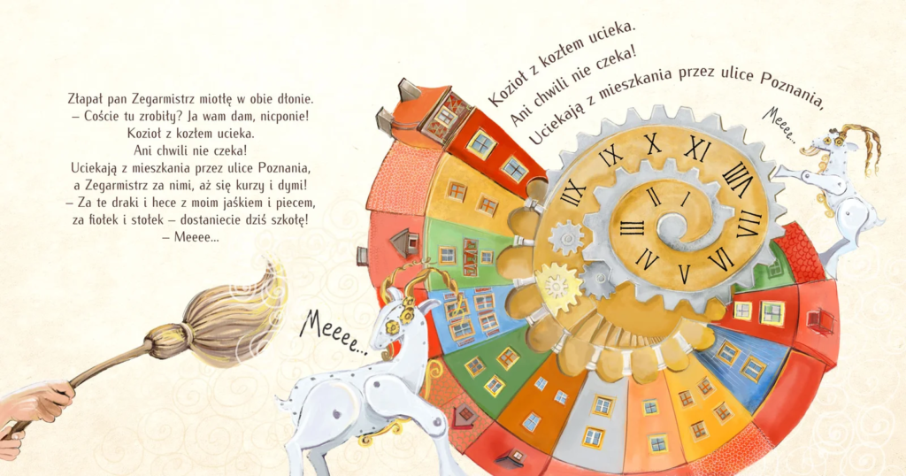 Projekt rozkładówki z ilustracją Pana Zegarmistrza i poznańskiego ratusza do bajki Wandy Chotomskiej