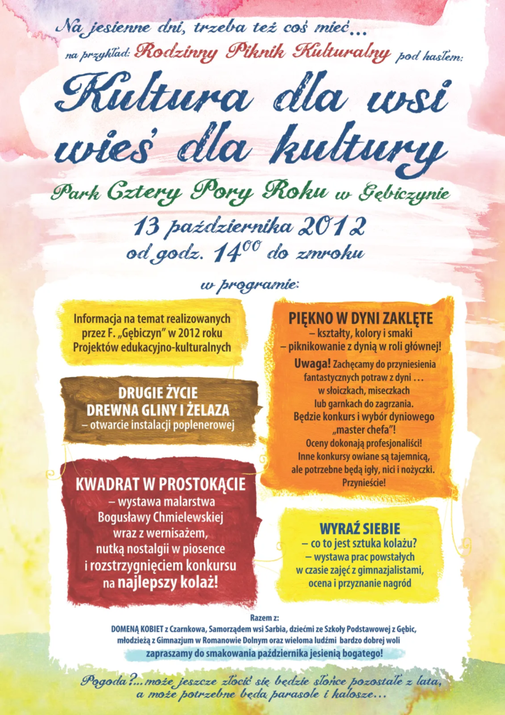 Plakat pikniku Kultura dla wsi – wieś dla kultury z wystawą Kwadrat w prostokącie, Gębiczyn, 13 października 2012