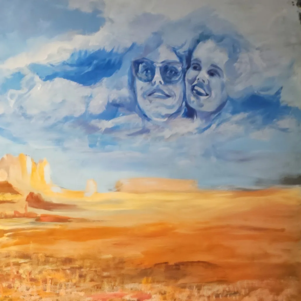 Mural Thelma & Louise w trakcie malowania, widok ściany z oknem projekcyjnym
