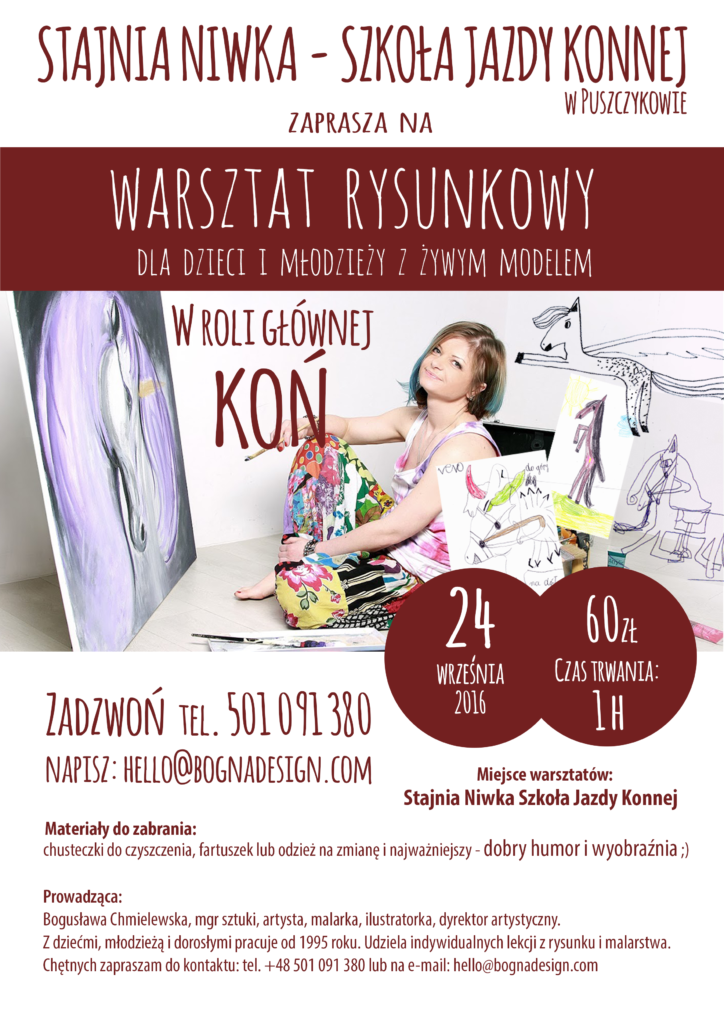 Plakat warsztatu rysunkowego dla dzieci i młodzieży z żywym modelem, Stajnia Niwka, Puszczykowo 2016