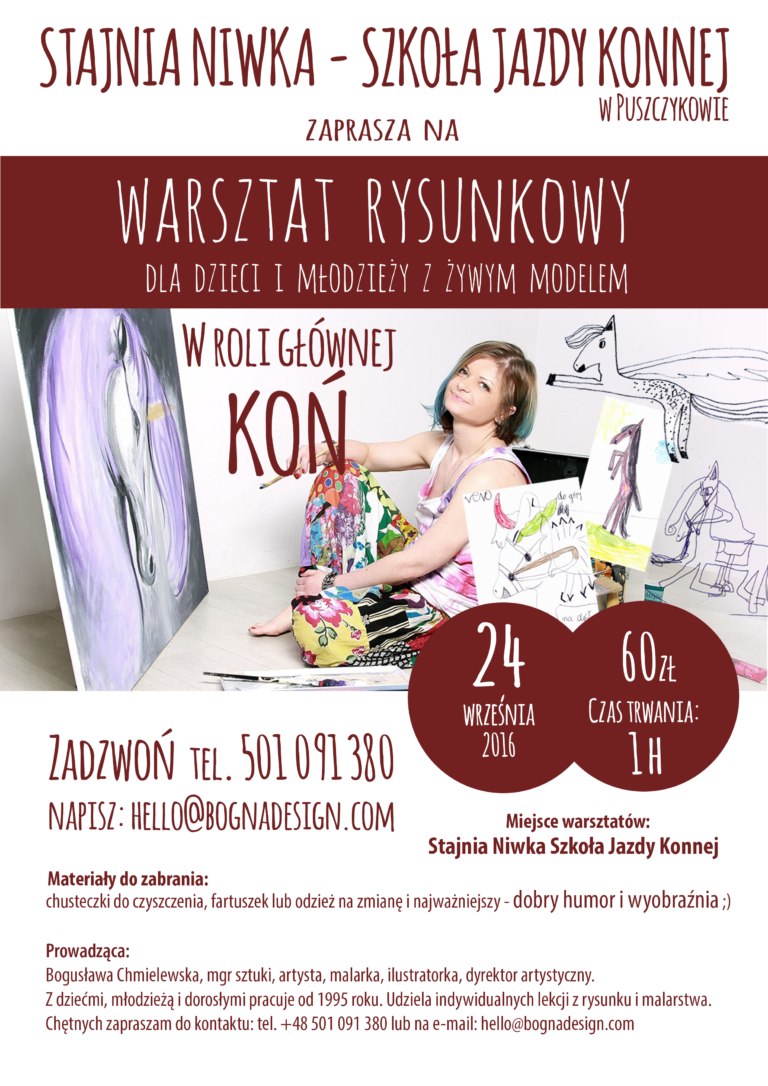 Plakat warsztatu rysunkowego dla dzieci i młodzieży z żywym modelem, Stajnia Niwka, Puszczykowo 2016